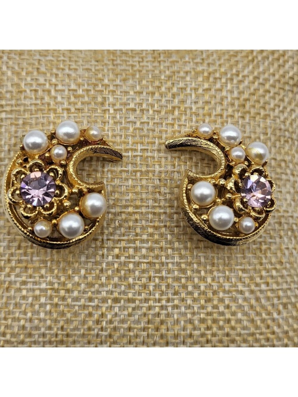 Stunning MCM Paisley Crescent rhinestone faux pearl clip earrings Bride Estate